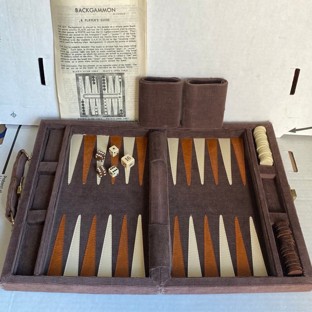 Vintage Magnetic Cardinal Backgammon Set Brown Corduroy Case Travel Cream GOOD